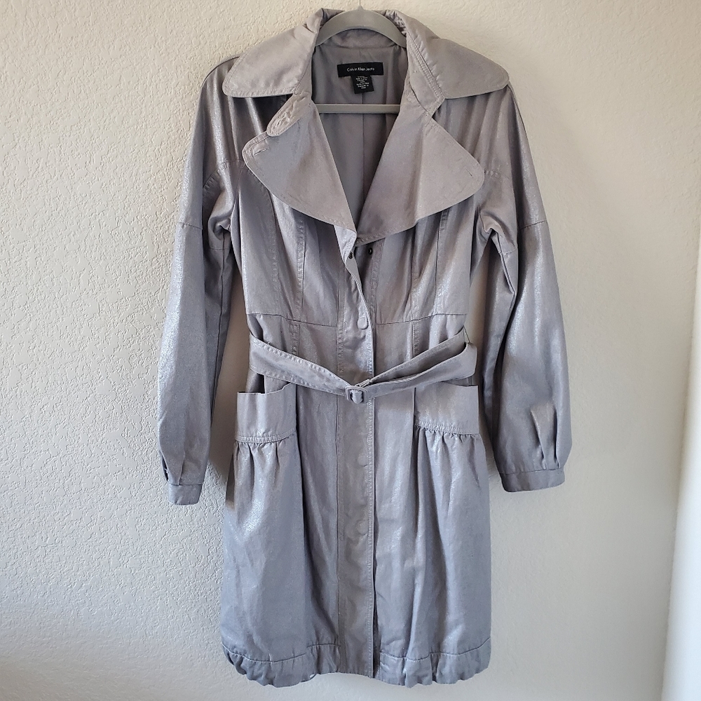Calvin Klein Jeans silver gray belted coat NWOT